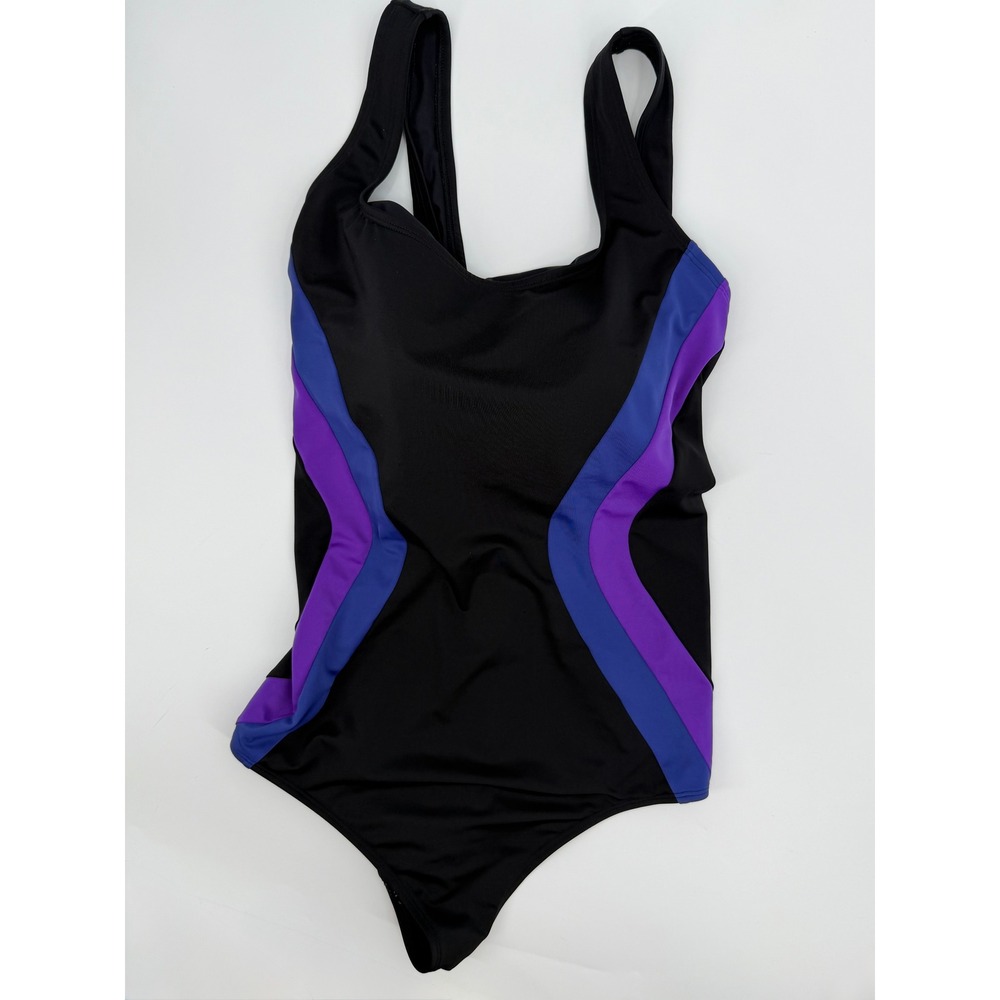 Lands End Womens 22W One Piece Swimsuit Black Purple Blue Colorblock Shelf Bra